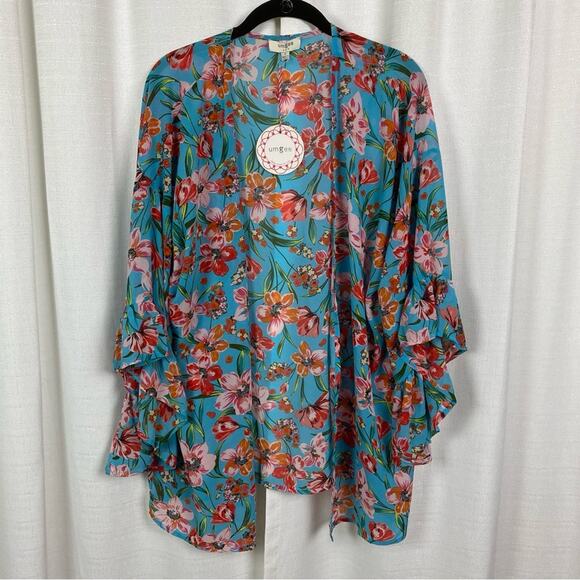 Umgee Blue&Coral Chiffon Kimono Jacket Sz.S NWT - Picture 2 of 9